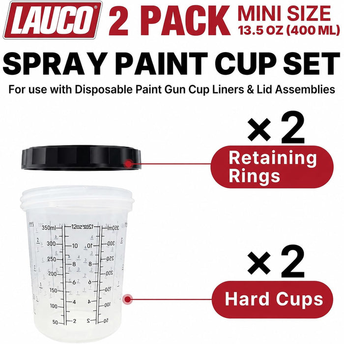 LAUCO 2 Pack Paint Spray Gun Hard Cup Set, 400ML (13.5 Oz) Reusable Mixing Cups with Retainer Rings, Compatible with Disposable Paint Cup Liner and Lid Systems for Automotive Paint, Primer, Clear Coat