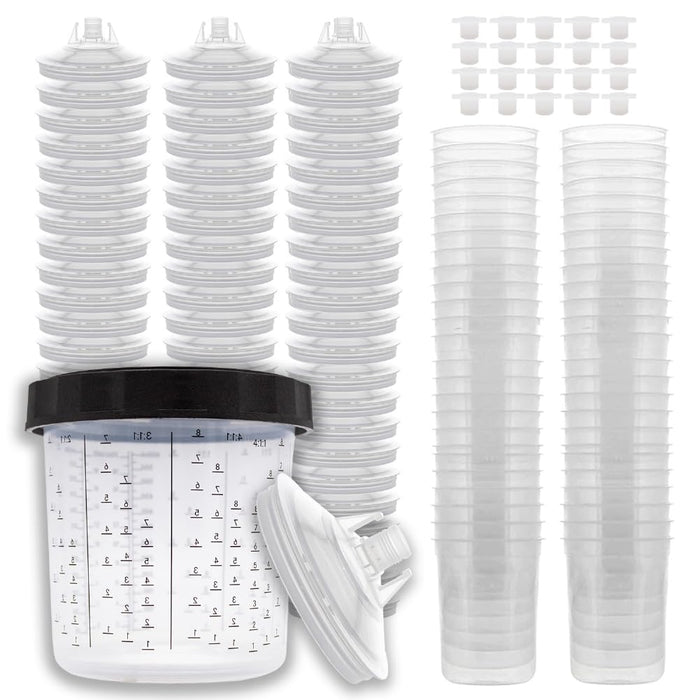 LAUCO Disposable Paint Spray Gun Cups (125 Mic) 50 Lids 50 Liners 1 Hard Cup 1 Collar and 20 Cup Sealing Plugs Compatible with Original 1.0 System (not 2.0) (600ml/20oz) 31750