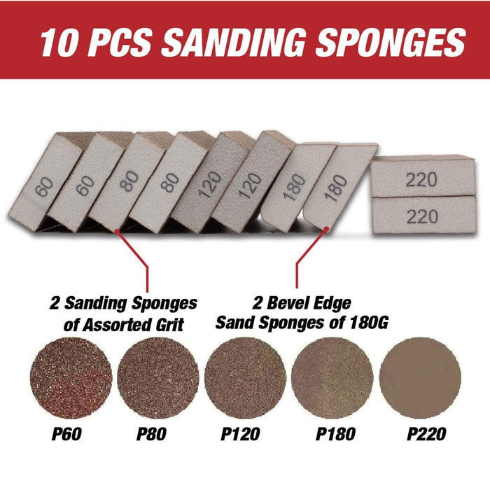 10 Pack Sanding Sponge, Washable and Reusable Sandpaper Block, Coarse/Medium/Fine/Superfine in 60/80/100/120/180/220 Grit; for Wood, Drywall, Metal, Plaster. 57026