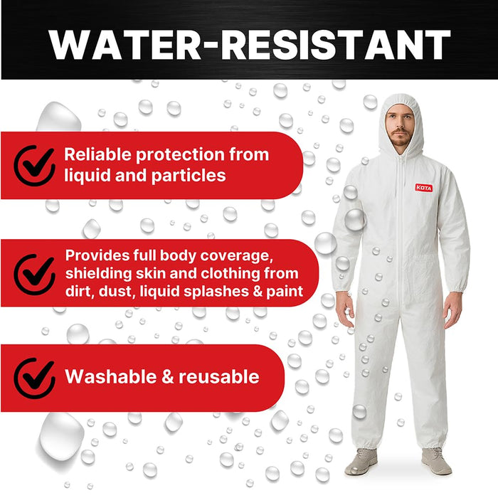 LAUCO White Polyester Reusable Paint Coverall Spray Suit with Hood – Lint Free, Water Resistant, Washable Protective Coverall with Elastic Waist and Wrist – XX-Large, Pack of 1