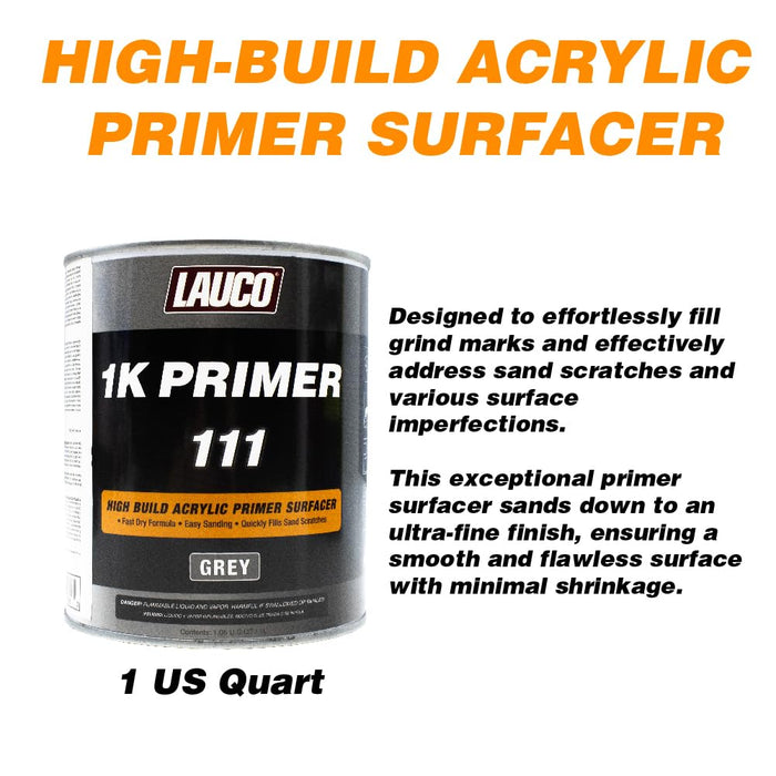 LAUCO 1K High Build Gray Acrylic Primer Surfacer, Fast-Drying, High-Build Automotive & Industrial Primer for Metal, Steel & Body-Filler 1 Quart 111