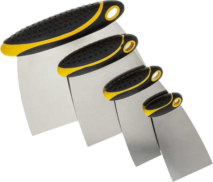4-Piece Set of Stainless Steel Body Filler and Putty Spreaders/Scraper Set with Handles - Sizes: 2", 3", 4" and 6" | Repairing Drywall, Removing Wallpaper, Applying Putty, Plaster, Cement, Adhesive
