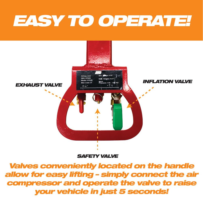3 Ton Triple Bag Air Jack Lift, 6600 lbs Pneumatic Airbag Jack with Long Handle, Quick Lift Air Jack, Heavy Duty Automotive Jack, 5.5" to 15.5" Lift Range for Cars, SUVs, Pickups and Garage Repair