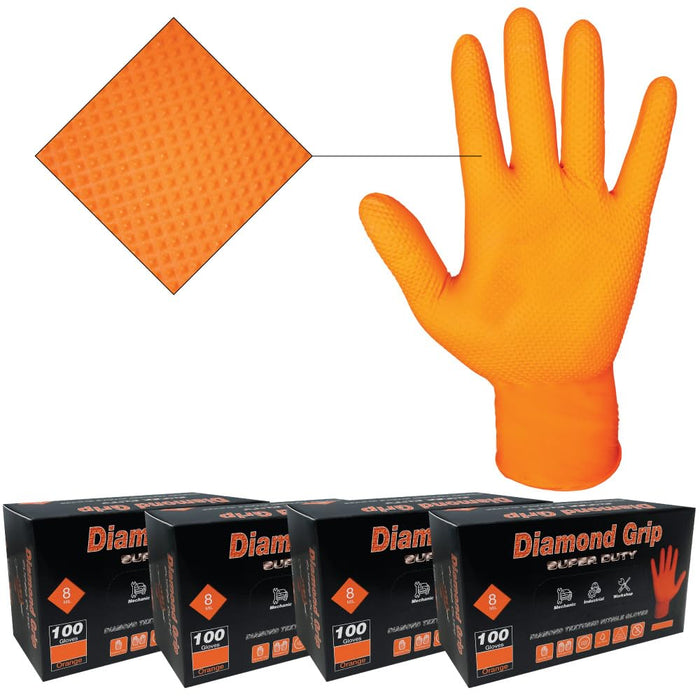 Heavy Duty 8-Mil Industrial Orange Nitrile Gloves with Raised Diamond Texture, Large, Latex Free, Powder Free, Pack of 400 (4 Boxes) 87285