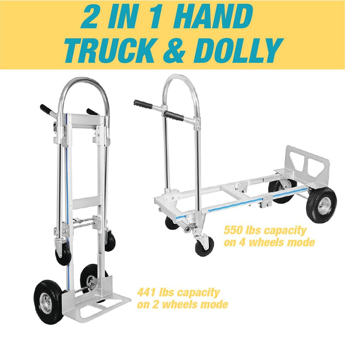 Aluminum Hand Truck and Dolly, 2 in 1 Design 550 Lbs Capacity, Lightweight Frame, Industrial Collapsible Cart, Dolly Cart with Rubber Wheels for Transport and Moving in Office, Warehouse, and More