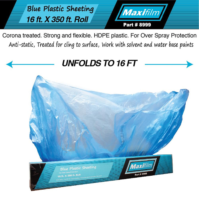 MAXIFILM 16ft x 350ft Roll of Blue Overspray Paintable Masking Plastic Sheeting -8 Micron, 0.3 Mil, Protective Masking Film Cover, Auto Painting, Cover Cloth Home Walls Furniture (4, 16ft x 350ft)