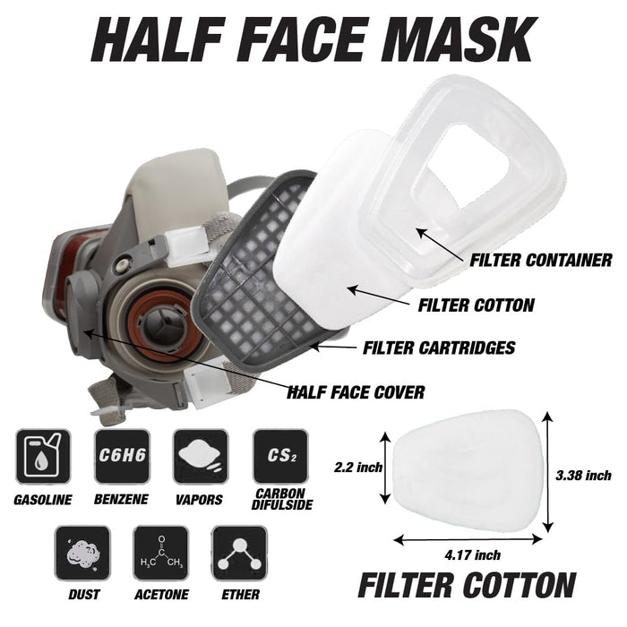 LAUCO Premium Respirator Kit - Reusable Half Face Cover Set with Safety Glasses for Gas, Painting, Machine Polishing, Staining, Car Spraying, Sanding & Cutting, DIY and Other Work Protection