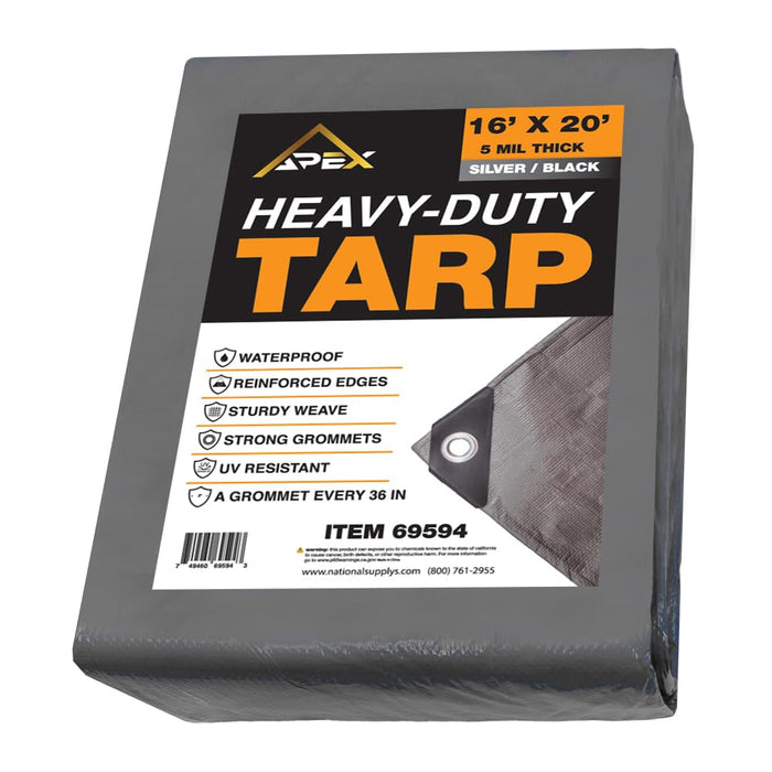Heavy Duty Tarp 5 MIL Multipurpose UV Resistant, Waterproof Protective Tarp Cover with Metal Grommets and Reinforced Edges - for Roof, Camping, Patio, Boat, Car (Silver/Black, 16ft x 20ft) 69594