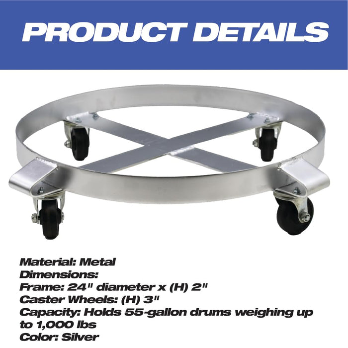 55-Gallon Drum and Garbage Can Dolly – Heavy-Duty Metal Dolly with Cross Braces and Caster Wheels – 1,000-Pound Capacity (Silver) (1) 87299