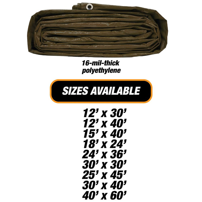 Heavy Brown Tarp - 16 MIL Multipurpose UV Resistant, Waterproof Protective Tarp Cover with Metal Grommets and Reinforced Edges - for Roof, Camping, Patio, Pool, Boat, Car (30ftx 40ft) 38903