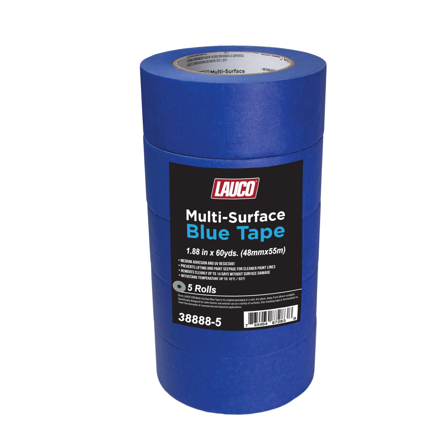 LAUCO Multi-Surface Blue Painter’s Masking Tape, Medium Adhesion, UV-Resistant, Clean Removal, 1.88 in x 60 yds (48mm x 55m) Rolls, Ideal for Indoor & Outdoor Painting, Trim, Walls, 5 Rolls