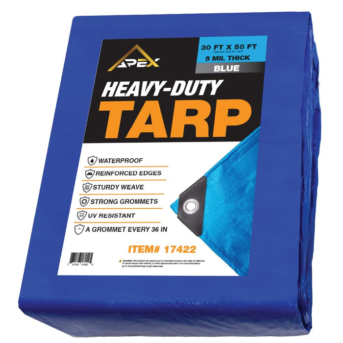 Heavy Duty Blue Tarp - 30ft x 50ft - 5 MIL Multipurpose UV Resistant, Waterproof Protective Tarp Cover with Metal Grommets and Reinforced Edges - for Roof, Camping, Patio, Boat, Car 17422