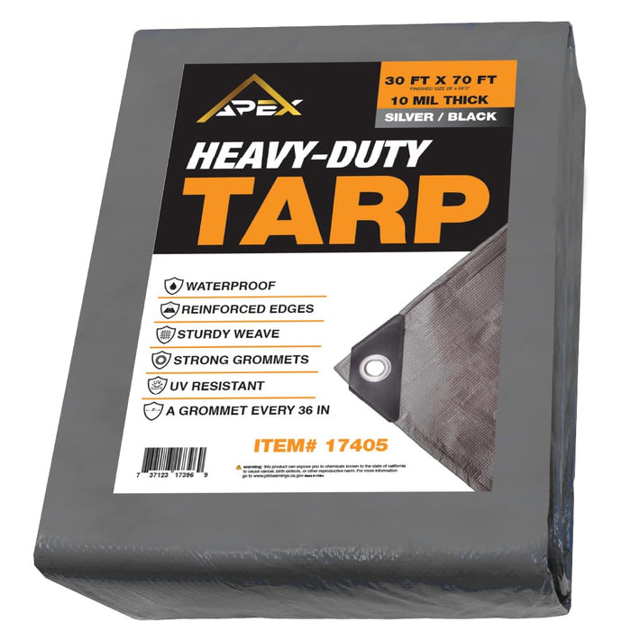 Heavy Silver/Black Tarp - 30ft x 70ft - 10 MIL Multipurpose UV Resistant, Waterproof Protective Tarp Cover with Metal Grommets and Reinforced Edges - for Roof, Camping, Patio, Pool, Boat, Car 17405