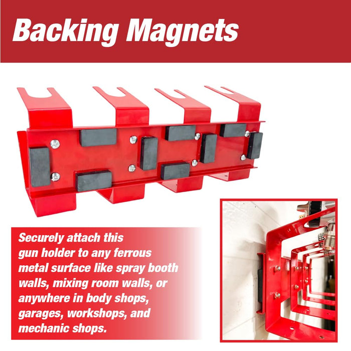 Magnetic Paint Spray Gun Holder Stand, Holds 4 Gravity Feed - Attach to Booth Wall, Mix Room, Workstation Cabinet, Body Shop or Garage Wall Red