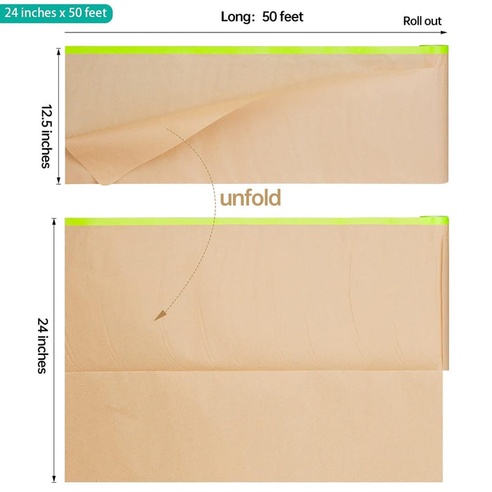 LAUCO Pre-Taped Brown Masking Paper 24" x 50' for Painting Tape and Drape Painters Paper, Paint Adhesive Protective Paper Roll for Car, and Furniture Protection, 1 Roll