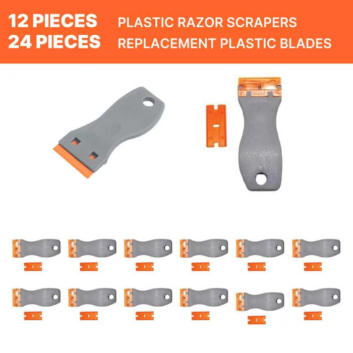 LAUCO Pack of 12 pcs Plastic Razor Blade Scraper Extra Plastic Razor Blades - Includes 24 Plastic Razor Blade Scraper Plastic Razor Blades Refills, Plastic 57048