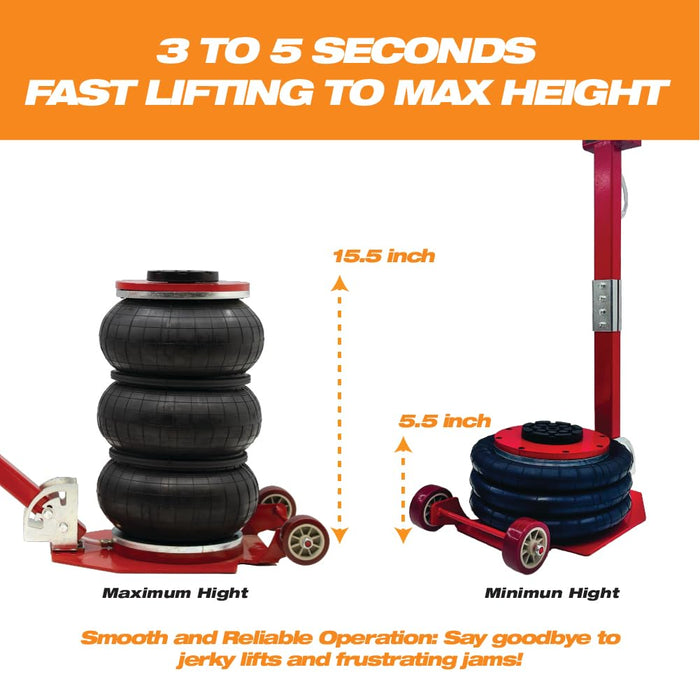 3 Ton Triple Bag Air Jack Lift, 6600 lbs Pneumatic Airbag Jack with Long Handle, Quick Lift Air Jack, Heavy Duty Automotive Jack, 5.5" to 15.5" Lift Range for Cars, SUVs, Pickups and Garage Repair
