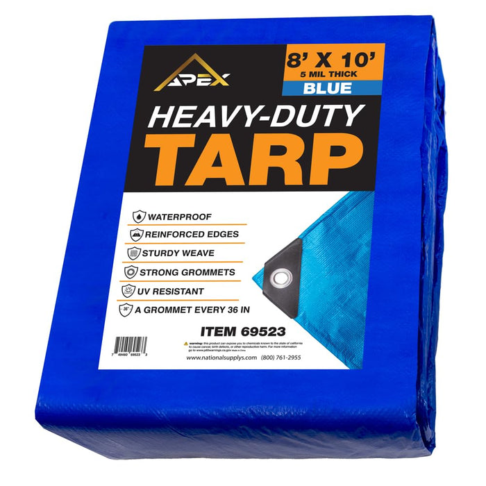 Heavy Duty Blue Tarp - 8ft x 10ft - 5 MIL Multipurpose UV Resistant, Waterproof Protective Tarp Cover with Metal Grommets and Reinforced Edges - for Roof, Camping, Patio, Boat, Car 69523