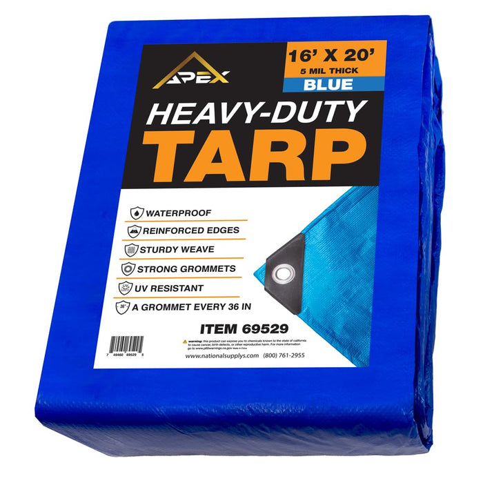 Heavy Duty Blue Tarp - 16ft x 20ft - 5 MIL Multipurpose UV Resistant, Waterproof Protective Tarp Cover with Metal Grommets and Reinforced Edges - for Roof, Camping, Patio, Boat, Car 69529
