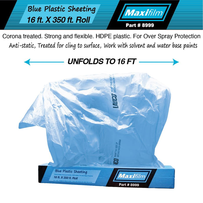 MAXIFILM 16ft x 350ft Roll of Blue Overspray Paintable Masking Plastic Sheeting -8 Micron, 0.3 Mil, Protective Masking Film Cover, Auto Painting, Cover Cloth Home Walls Furniture (1, 16ft x 350ft)