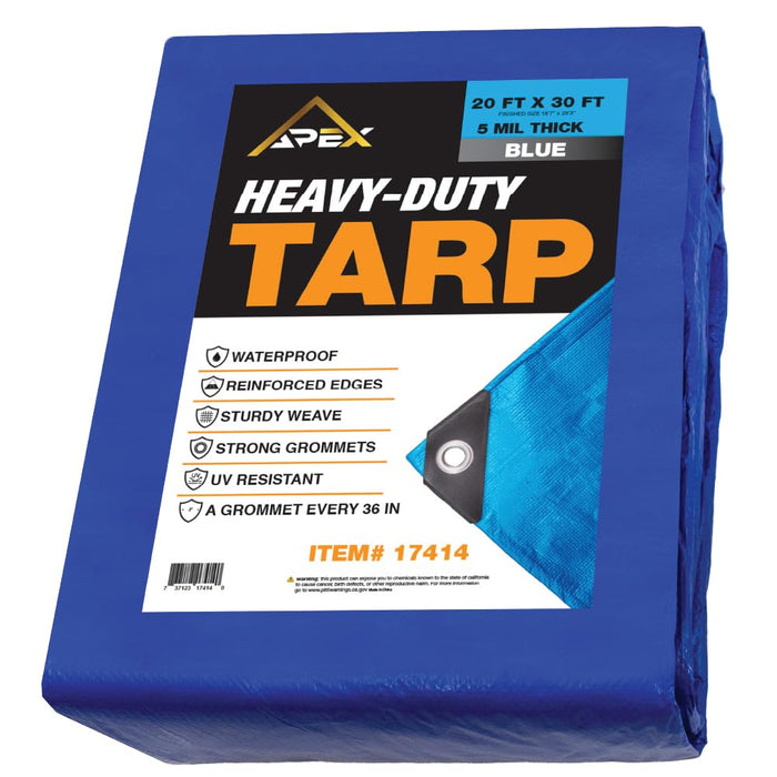 Heavy Duty Blue Tarp - 20ft x 30ft - 5 MIL Multipurpose UV Resistant, Waterproof Protective Tarp Cover with Metal Grommets and Reinforced Edges - for Roof, Camping, Patio, Boat, Car 17414