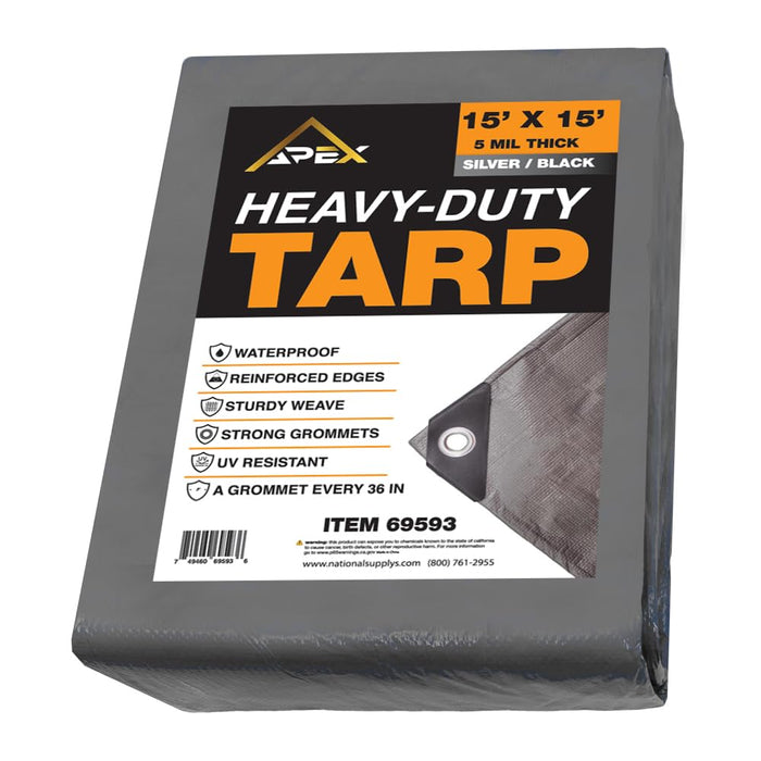 Heavy Duty Tarp 5 MIL Multipurpose UV Resistant, Waterproof Protective Tarp Cover with Metal Grommets and Reinforced Edges - for Roof, Camping, Patio, Boat, Car (Silver/Black, 15ft x 15ft) 69593