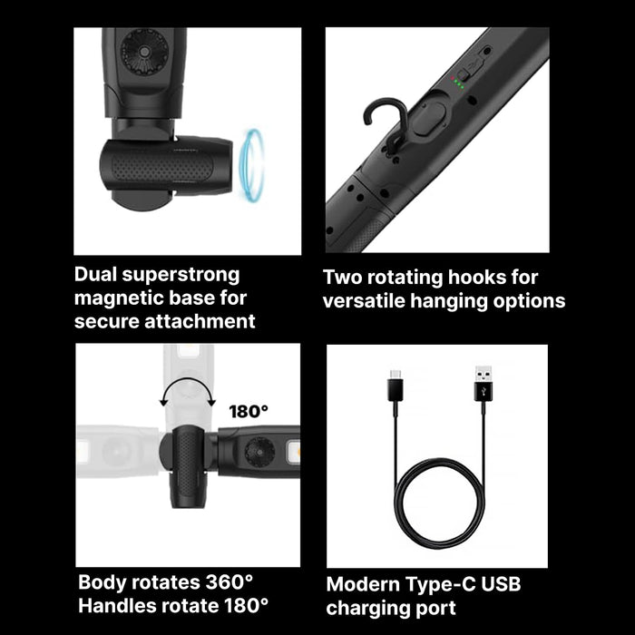 Omni Tools 1200+ Lumen Rechargeable Underhood Work Light Magnetic Mount, Adjustable Brightness, 360° Rotating Hooks, USB-C Charging Ideal for Mechanics, Garage, and Emergency Use 33118