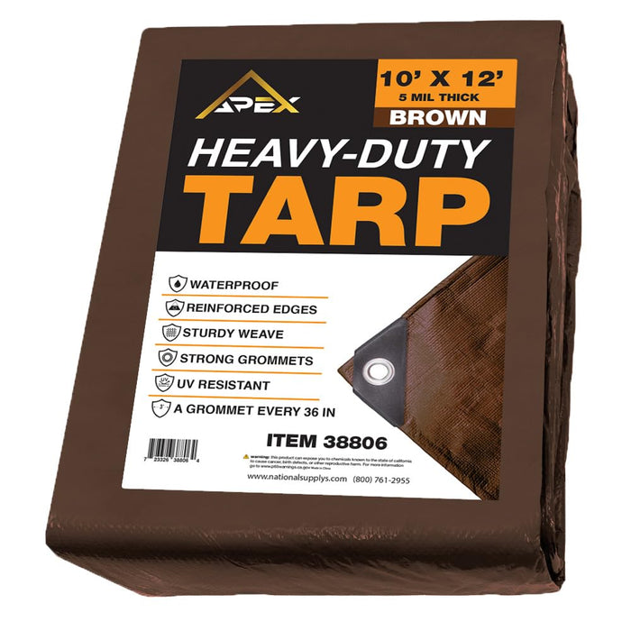 Heavy Duty Brown Tarp - 10ft x 12ft - 5 MIL Multipurpose UV Resistant, Waterproof Protective Tarp Cover with Metal Grommets and Reinforced Edges - for Roof, Camping, Patio, Boat, Car 38806