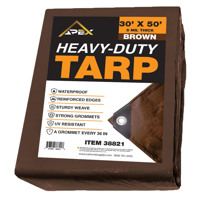 Heavy Duty Brown Tarp - 30ft x 50ft - 5 MIL Multipurpose UV Resistant, Waterproof Protective Tarp Cover with Metal Grommets and Reinforced Edges - for Roof, Camping, Patio, Boat, Car 38821