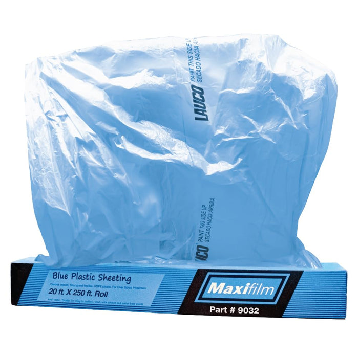 LAUCO MAXIFILM 20ft x 250 ft Roll of Blue Overspray Paintable Plastic Sheeting - 8 Micron, 0.3 Mil, Protective Corona Treated Masking Film Cover - Auto Car Painting, Bodyshop Repair, House Paint Cloth