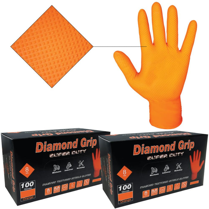 LAUCO Heavy Duty 8-Mil Industrial Orange Nitrile Gloves with Raised Diamond Texture, X-Large, Latex Free, Powder Free, Pack of 200 (2 Boxes) 87286