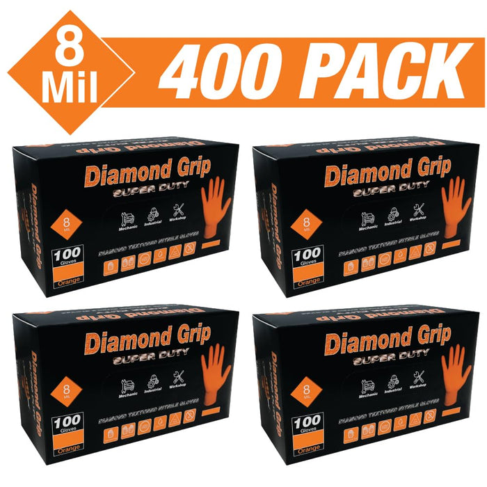 LAUCO Heavy Duty 8-Mil Industrial Orange Nitrile Gloves with Raised Diamond Texture, X-Large, Latex Free, Powder Free, Pack of 400 (4 Boxes) 87286