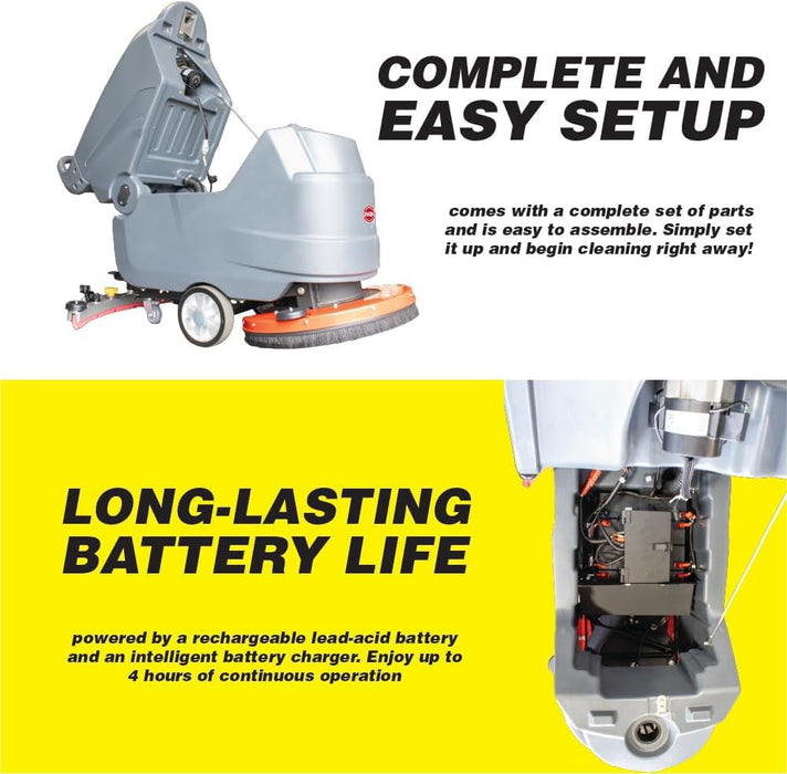 SWAN Commercial Floor Scrubber Machine - 22" Cleaning Width, 14.5 Gal Sewage Tank, Dual Brushes, Lead Acid Battery Powered, High Efficiency for Large Areas
