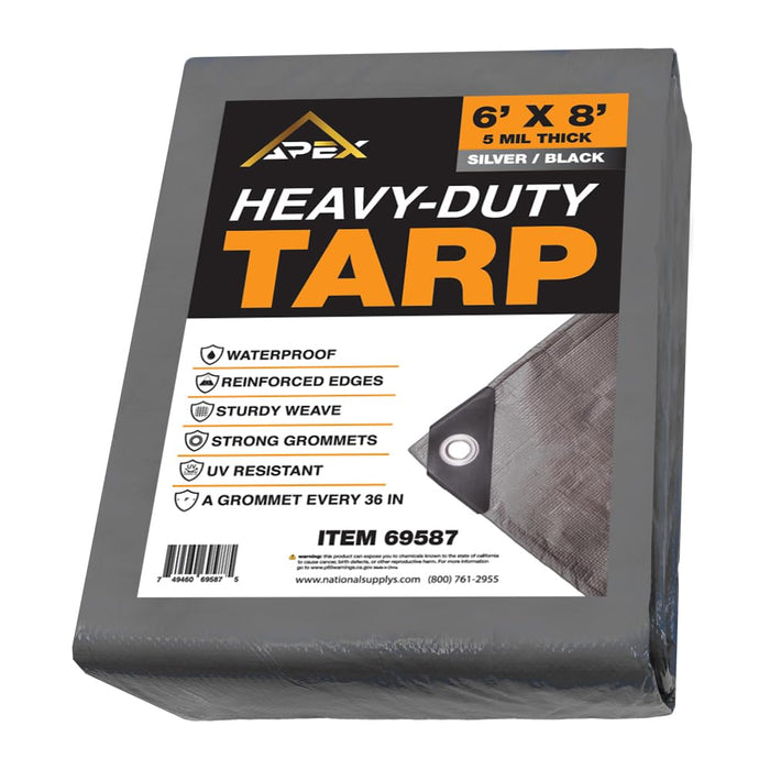 Heavy Duty Tarp 5 MIL Multipurpose UV Resistant, Waterproof Protective Tarp Cover with Metal Grommets and Reinforced Edges - for Roof, Camping, Patio, Boat, Car (Silver/Black, 6ft x 8ft) 69587