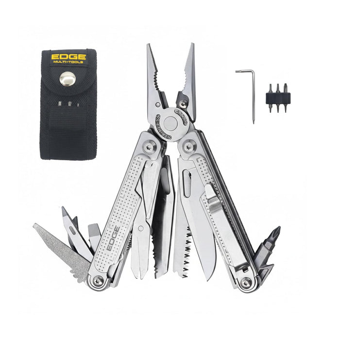 EDGE Multi-Tool Pliers, 14-in-1 Stainless Steel Multitool with Knife, Saw, Scissors, Wire Cutter & Screwdriver Bits, Compact Folding Pocket Tool for Camping, Survival, Fishing & Car Emergency (Silver)