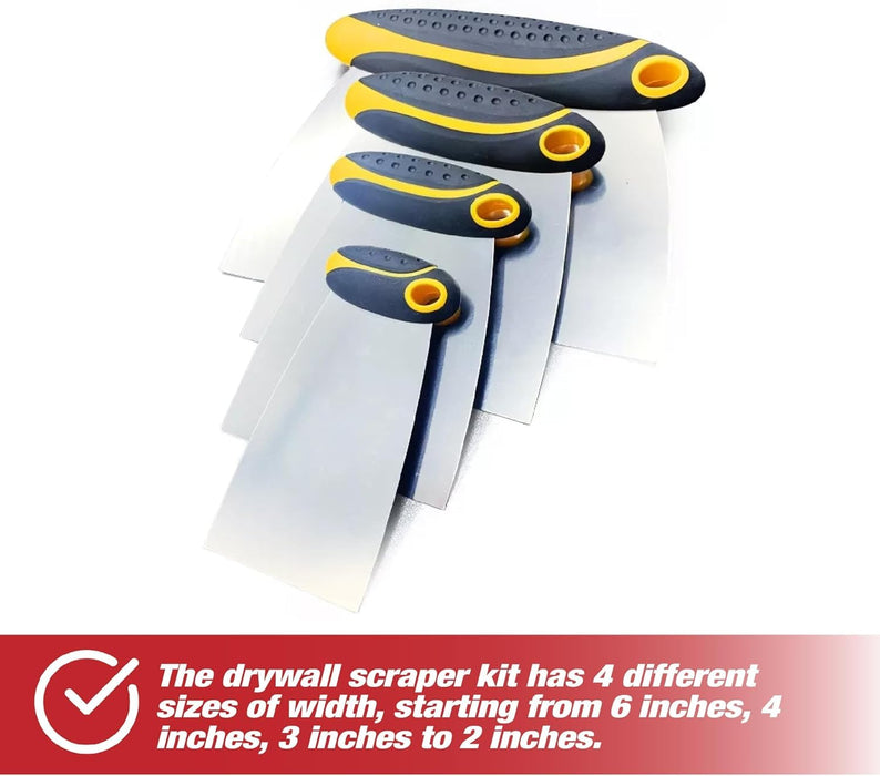 4-Piece Set of Stainless Steel Body Filler and Putty Spreaders/Scraper Set with Handles - Sizes: 2", 3", 4" and 6" | Repairing Drywall, Removing Wallpaper, Applying Putty, Plaster, Cement, Adhesive