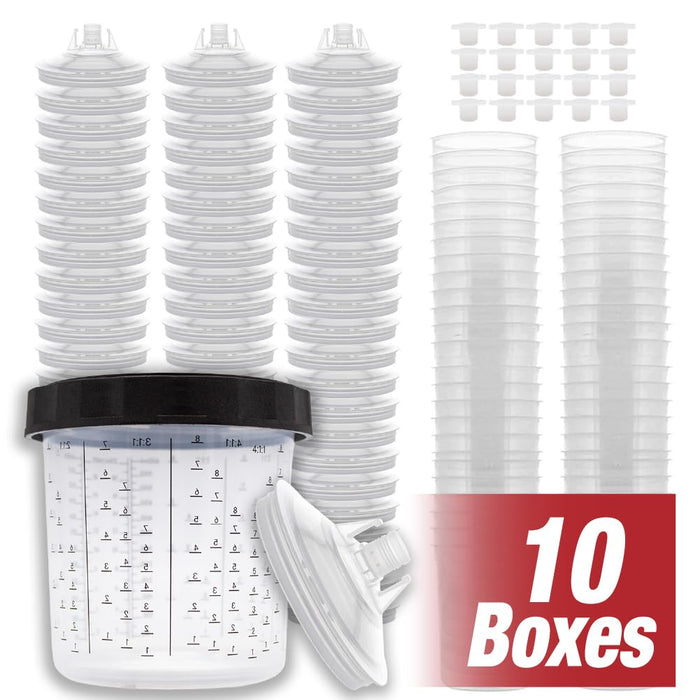 Value Pack 10 Boxes - Disposable Spray Gun Paint Cups Liners and Lid Kit - Each Box Includes: 50 Cup Liners, 50 Lids with 125 Mic, 1 Hard Cup with Retainer Ring and 20 Plugs (10 Boxes of 600ml/20oz)