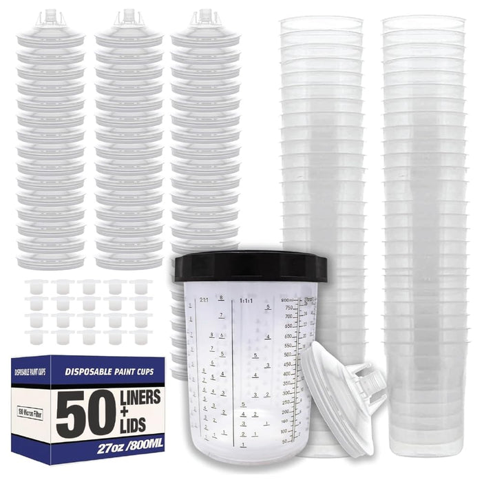LAUCO Disposable Paint Spray Gun Cups Liners and Lid System 50 Cup Liners, 50 Lids, 1 Hard Cup w/Retainer Ring and 20 Plugs - Compatible w/Original 1.0 System (not 2.0) (800ml | 27oz | 190 Micron)