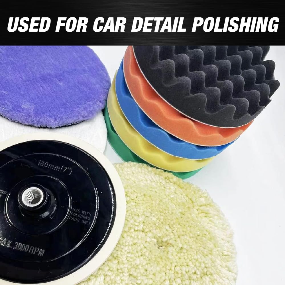 7 inch 9 pcs Polishing Pad Kit with 5 Waffle Foam, 1 100% Wool Grip Pad, 1 Lamb Wool Pad, 1 Microfiber Finishing Pad and 5/8"-11 Threaded Backing Plate for Car Sanding,Polishing, Waxing PPS1689