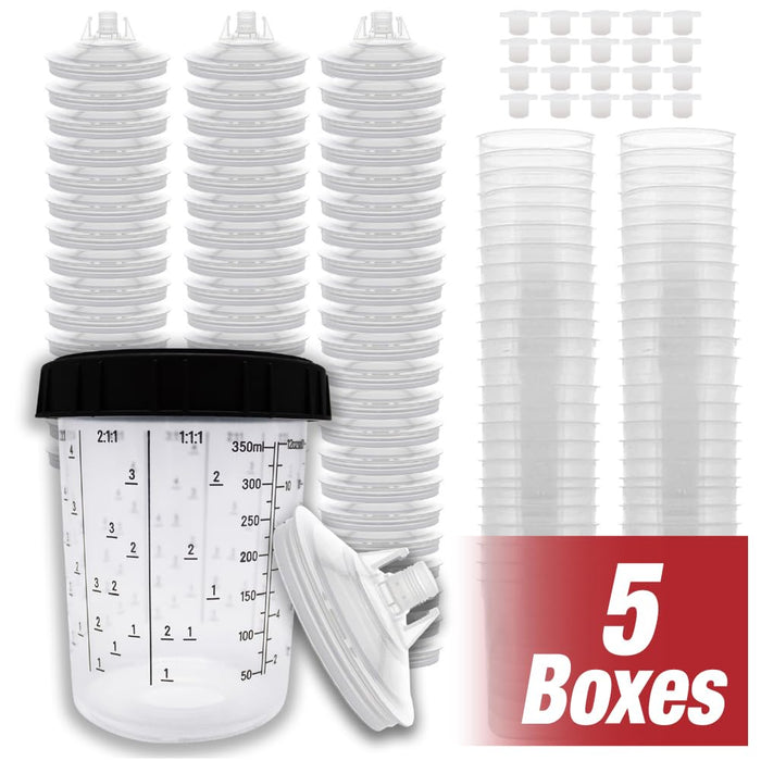 Disposable Paint Spray Gun Cups Liners and Lid System 50 Liners, 50 Lids, 190 MIC, 1 Hard Cup with Retainer Ring and 20 Plugs - Compatible w/ Original 1.0 System (not 2.0) (5 Boxes of 400ml / 13.5oz)