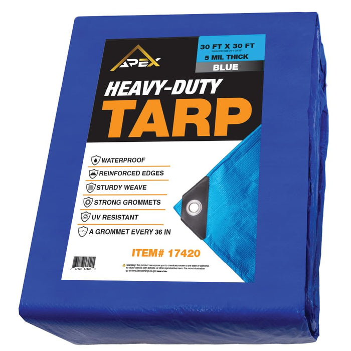 Heavy Duty Blue Tarp - 30ft x 30ft - 5 MIL Multipurpose UV Resistant, Waterproof Protective Tarp Cover with Metal Grommets and Reinforced Edges - for Roof, Camping, Patio, Boat, Car 17420