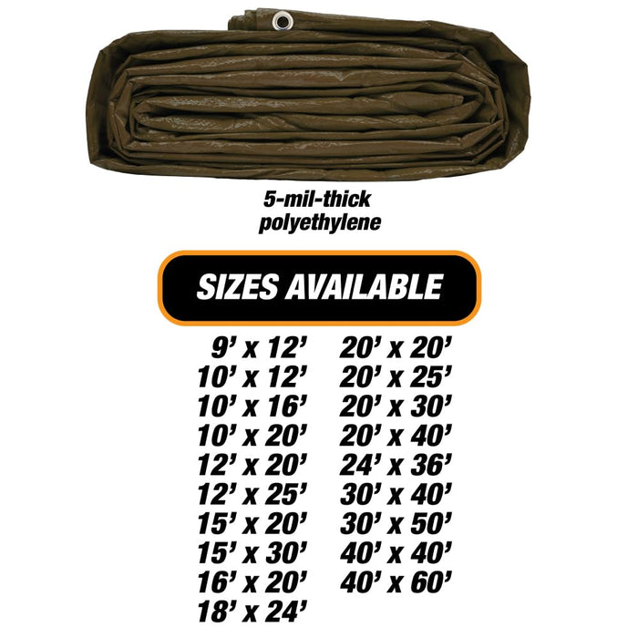Heavy Duty Brown Tarp - 30ft x 40ft - 5 MIL Multipurpose UV Resistant, Waterproof Protective Tarp Cover with Metal Grommets and Reinforced Edges - for Roof, Camping, Patio, Boat, Car 38820
