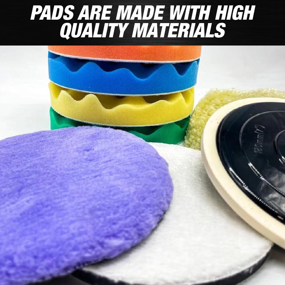 7 inch 9 pcs Polishing Pad Kit with 5 Waffle Foam, 1 100% Wool Grip Pad, 1 Lamb Wool Pad, 1 Microfiber Finishing Pad and 5/8"-11 Threaded Backing Plate for Car Sanding,Polishing, Waxing PPS1689