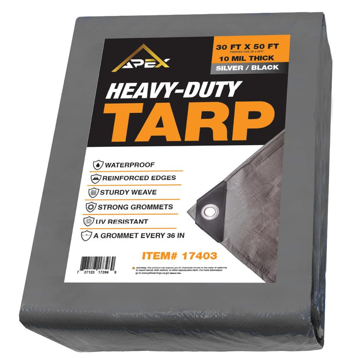 Heavy Silver/Black Tarp - 30ft x 50ft - 10 MIL Multipurpose UV Resistant, Waterproof Protective Tarp Cover with Metal Grommets and Reinforced Edges - for Roof, Camping, Patio, Pool, Boat, Car 17403