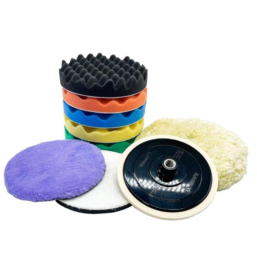 7 inch 9 pcs Polishing Pad Kit with 5 Waffle Foam, 1 100% Wool Grip Pad, 1 Lamb Wool Pad, 1 Microfiber Finishing Pad and 5/8"-11 Threaded Backing Plate for Car Sanding,Polishing, Waxing PPS1689