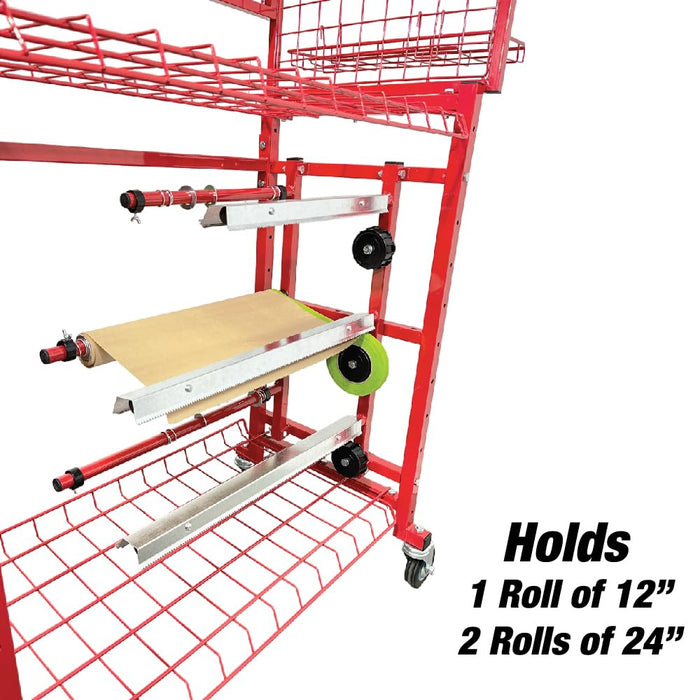 LAUCO Paint Prep Cart with Masking Paper Dispenser - Holds 12" & 24" Masking Paper Rolls, 66lb Load Capacity per Each Shelf, Automotive Body Cart, Auto Shop Organization (26506)