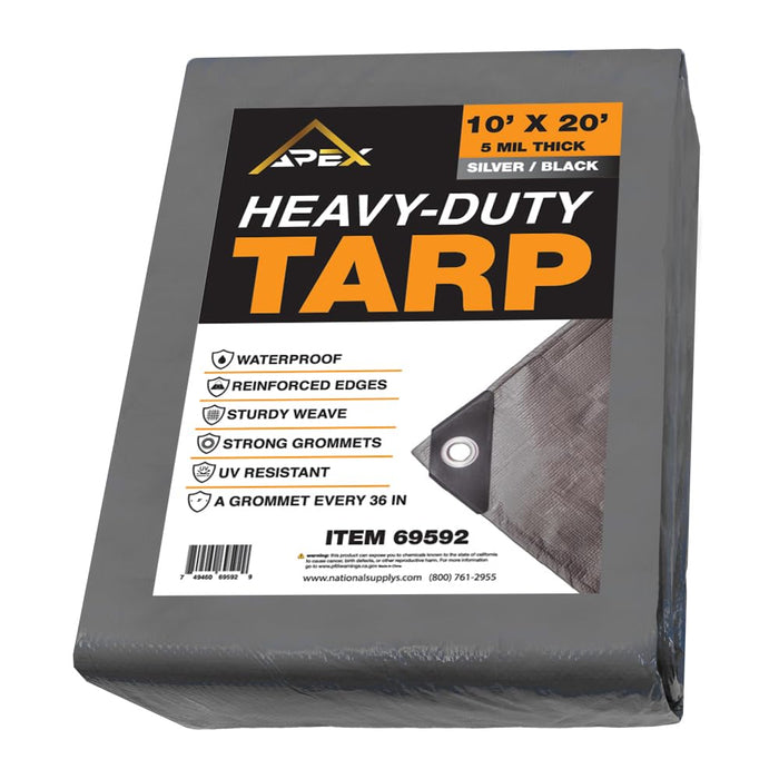 Heavy Duty Tarp 5 MIL Multipurpose UV Resistant, Waterproof Protective Tarp Cover with Metal Grommets and Reinforced Edges - for Roof, Camping, Patio, Boat, Car (Silver/Black, 10ft x 20ft) 69592