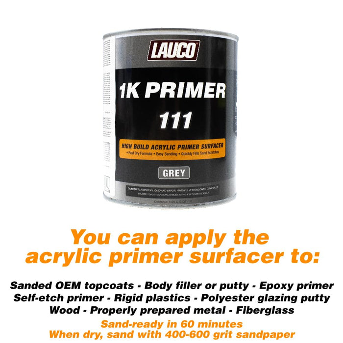 LAUCO 1K High Build Gray Acrylic Primer Surfacer, Fast-Drying, High-Build Automotive & Industrial Primer for Metal, Steel & Body-Filler 1 Quart 111