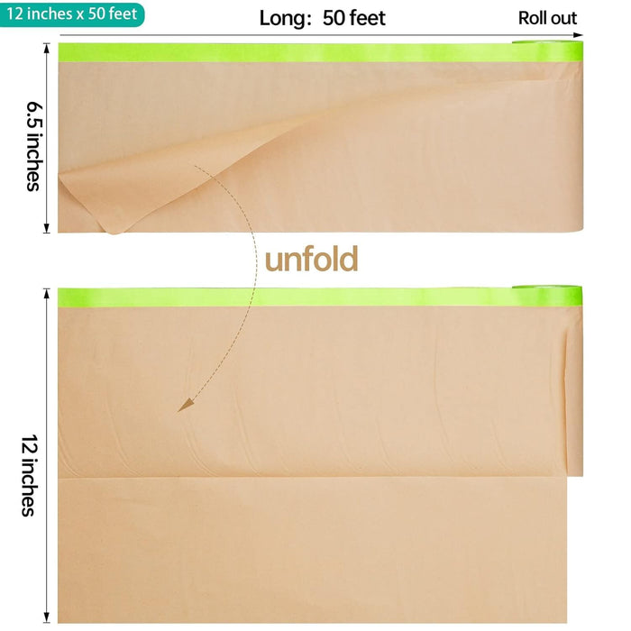 LAUCO Pre-Taped Brown Masking Paper 12" x 50' for Painting Tape and Drape Painters Paper, Paint Adhesive Protective Paper Roll for Car, and Furniture Protection, 1 Roll