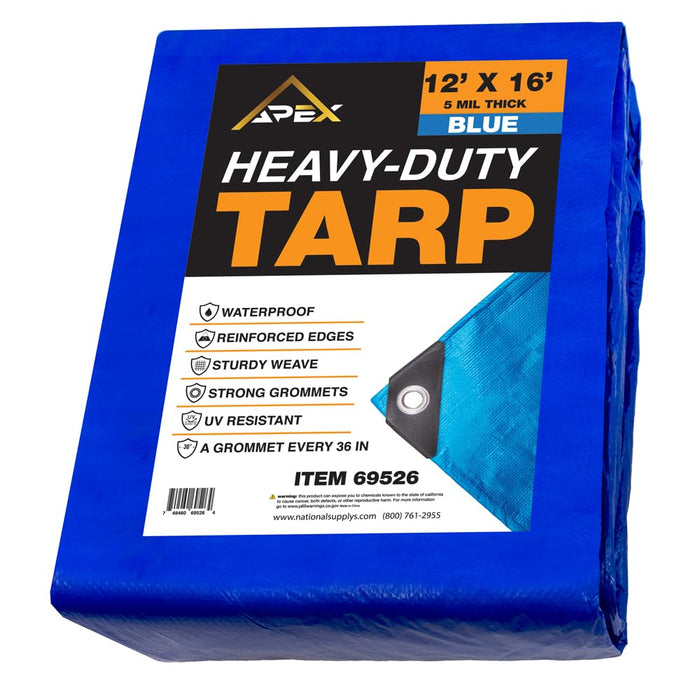 Heavy Duty Blue Tarp - 12ft x 16ft - 5 MIL Multipurpose UV Resistant, Waterproof Protective Tarp Cover with Metal Grommets and Reinforced Edges - for Roof, Camping, Patio, Boat, Car 69526